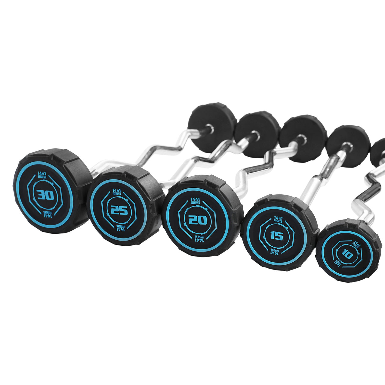 1441 Fitness - مجموعة باربل مموجة بوزن ثابت - من 10 كجم إلى 30 كجم (مجموعة من 5) مع رف