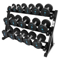 Thumbnail for 1441 Fitness - مجموعة دمبل دائرية فاخرة بوزن 2.5 كجم - 20 كجم (8 أزواج) باللون الأزرق مع رف من 3 طبقات