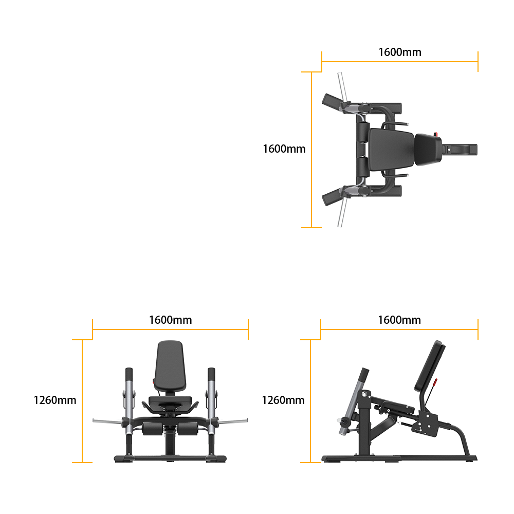 Measurement chart of a Insight Fitness Leg Extension - SH017 with various components and dimensions on a white background.
