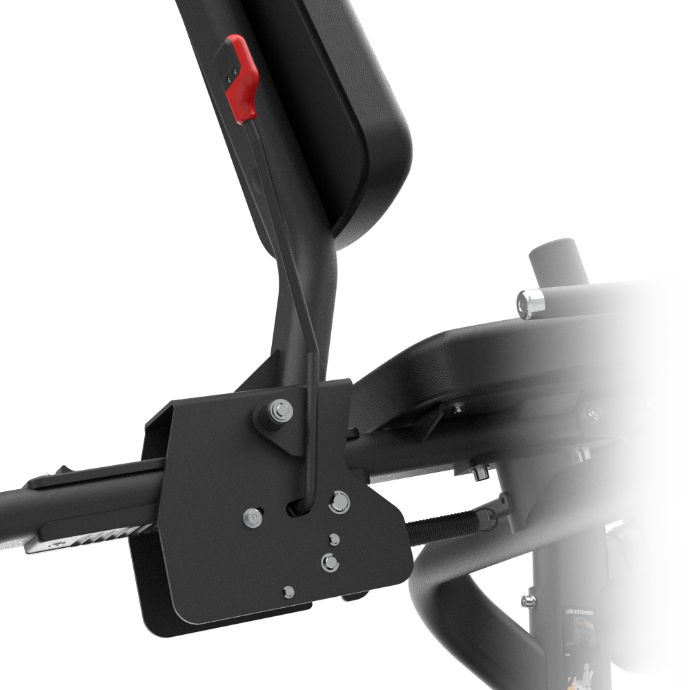 Close-up of a Insight Fitness Leg Extension - SH017 seat with red component on a white background