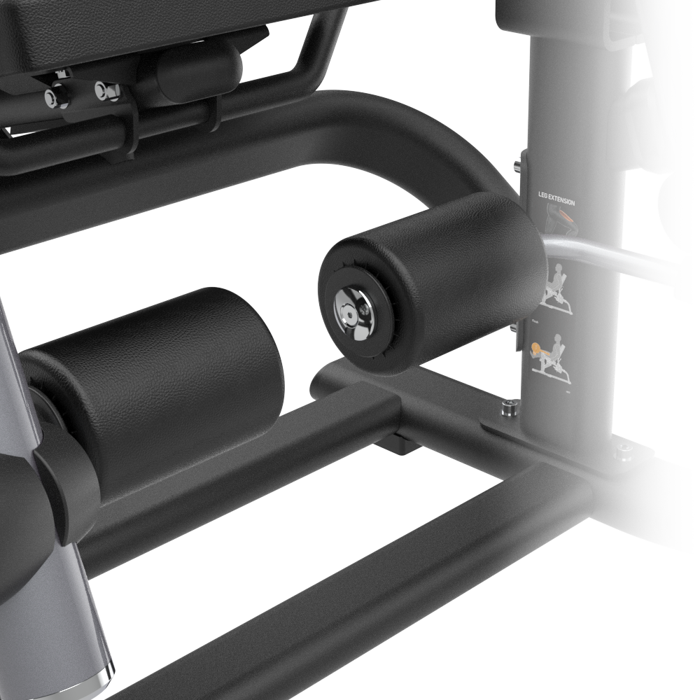 Close-up of a Insight Fitness Leg Extension - SH017 with black rollers and metal frame on a white background