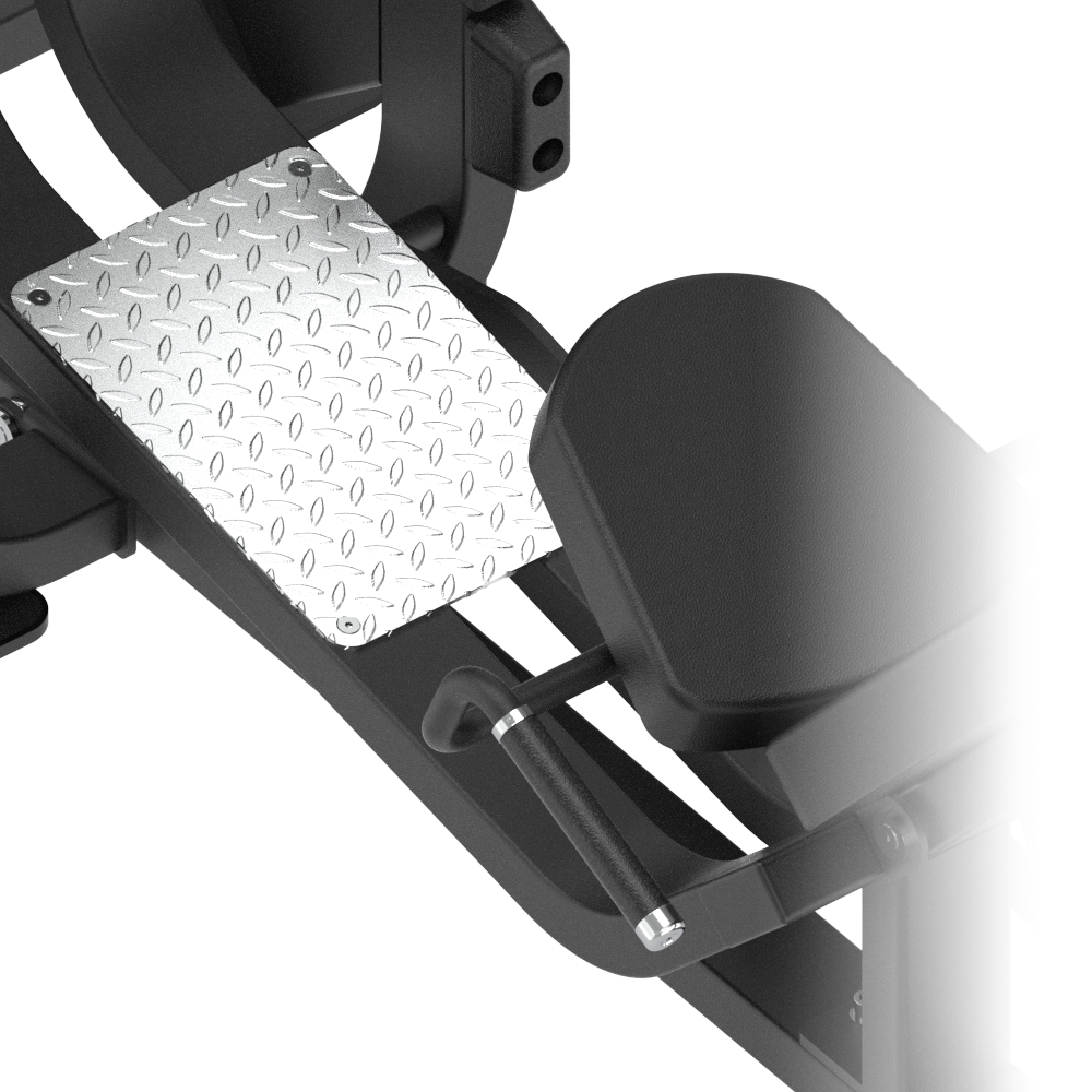 Close-up of a Insight Fitness Leg Press - SH008 black metal bracket with a diamond plate pad on a white background