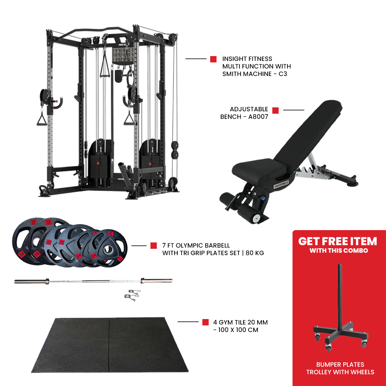 Heavy Duty Gym Tile 20 MM -100 x 100 CM Adjustable bench A8007 for home gym workout 7 Ft Olympic Barbell with Tri Grip Plates Set | 80 kg Insight Fitness Multi Function Machine - C3