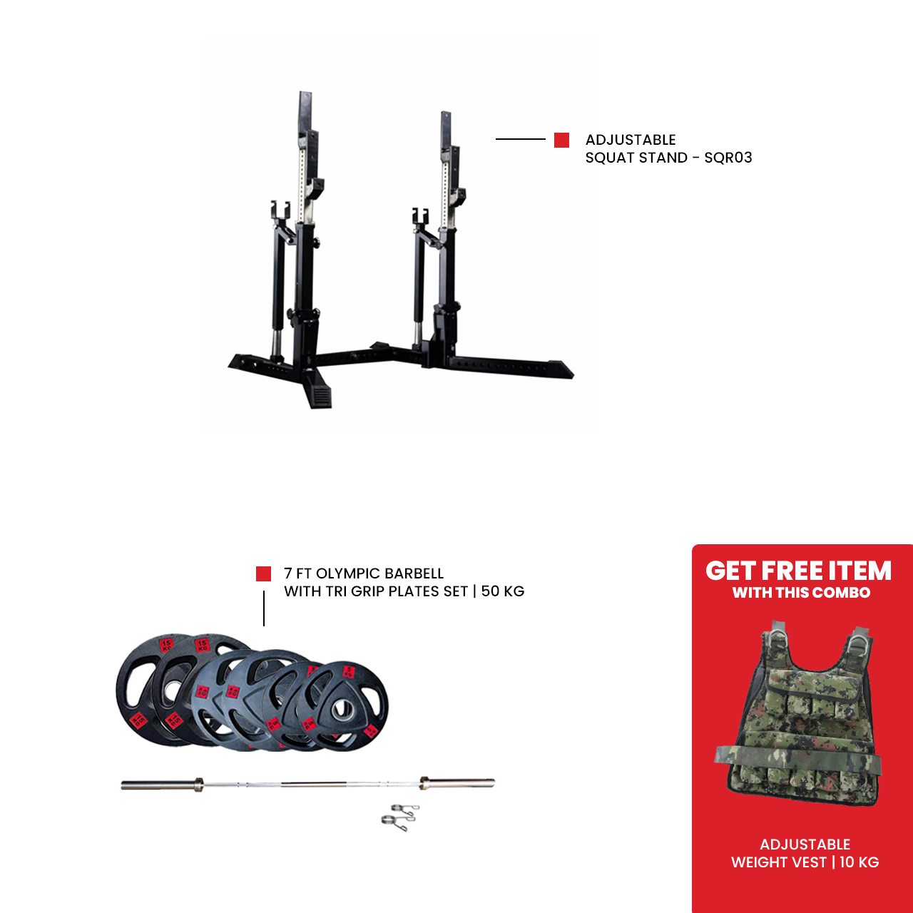 Adjustable Squat Stand - SQR03 7 Ft Olympic Barbell with Tri Grip Plates Set | 50 kg