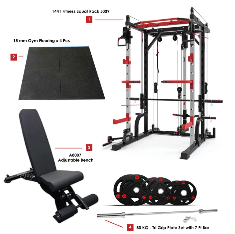 1441 Fitness Multi Function Machine with 80 Kg Plate set, Adjustable Bench & Flooring