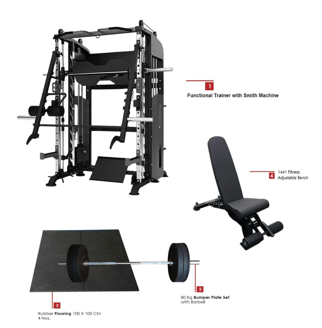كومبو ديل | 1441 Fitness – آلة تمرين ثقيلة جهاز تدريب عالي التحمل مع جهاز سميث - 41FC90 + مجموعة ألواح ممتصة للصدمات 80 كجم + مقعد قابل للتعديل A8007 + 4 أرضيات رياضية