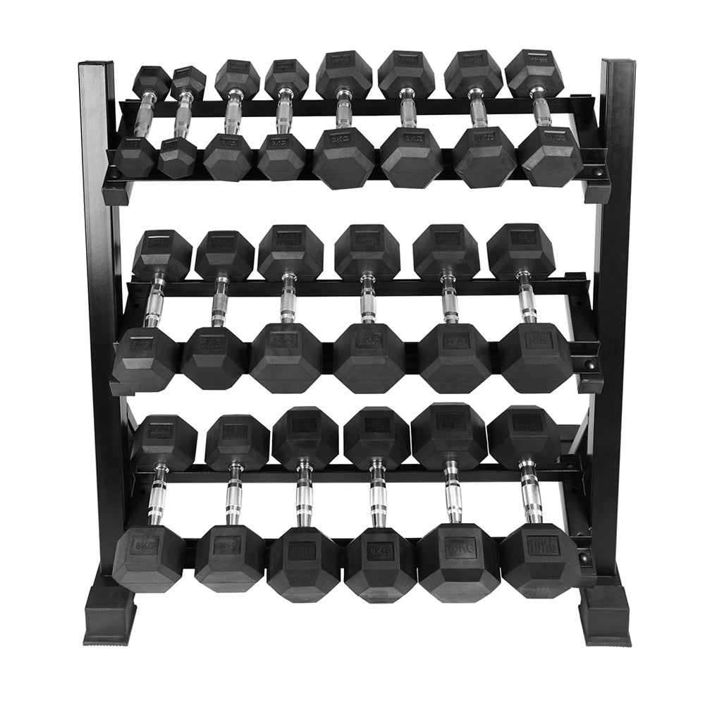 1441 Fitness - طقم دمبل سداسي من 1 كجم إلى 10 كجم مع حامل دمبل ثلاثي الطبقات (8 أزواج)