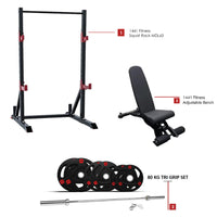 Thumbnail for Combo Deal - 1441 Fitness Squat Rack MDL65 +7 ft Barbell with 80 Kg tri Grip Plate Set + Adjustable Bench A8007 