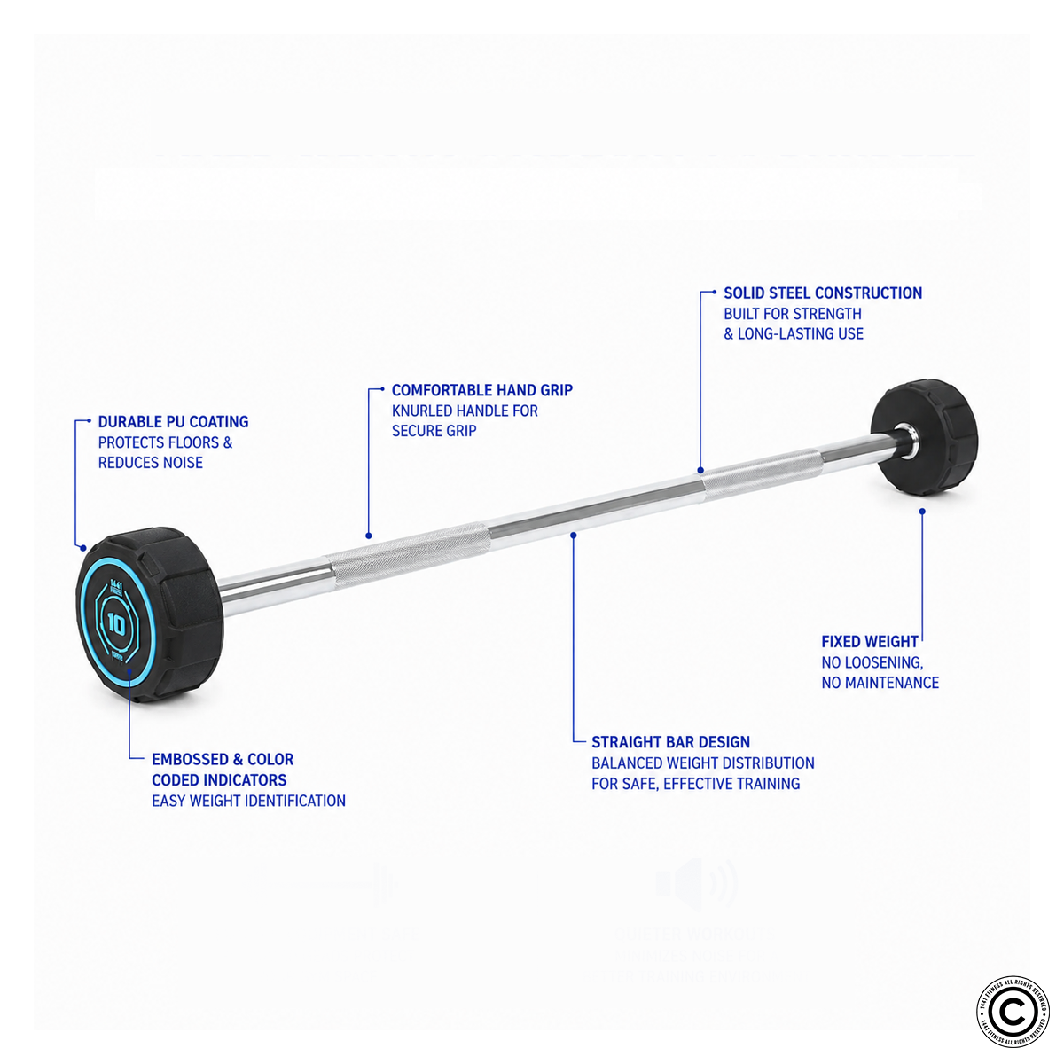 1441 Fitness Fixed Weight Straight Barbell PU (10 kg - 50 kg)