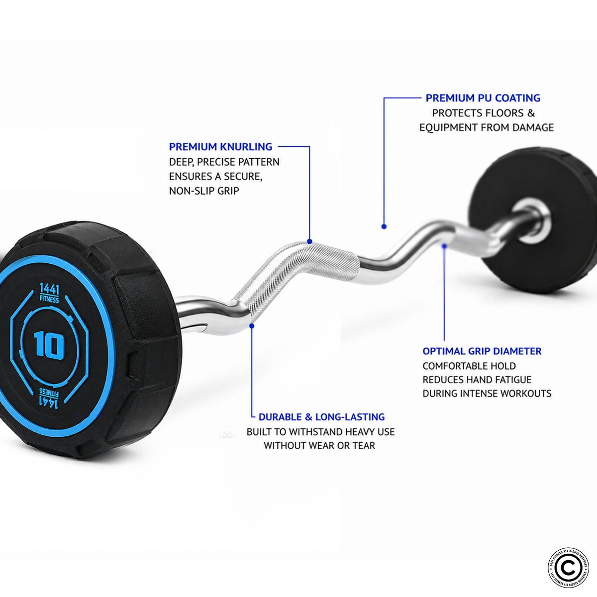 1441 Fitness Fixed Weight Curl Barbell PU (10 kg - 50 kg)