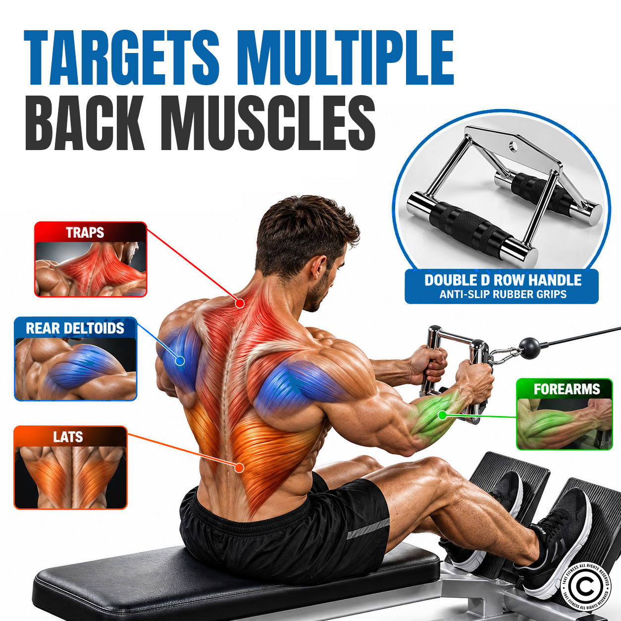1441 Fitness - ملحق بار سحب اللات على شكل حرف دي بار مع مقابض مطاطية لسحب العضلة الظهرية العريضة للأسفل