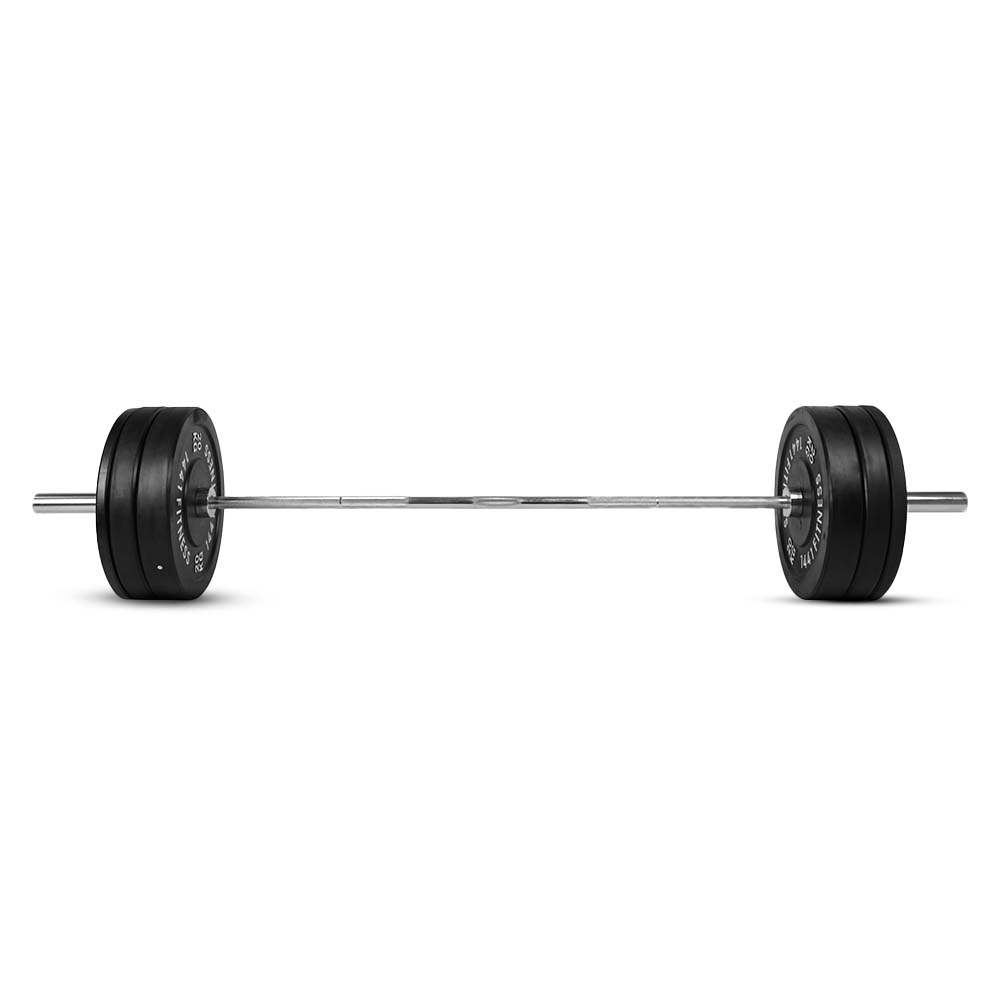 Front view of Olympic Bar with Bumper Plates