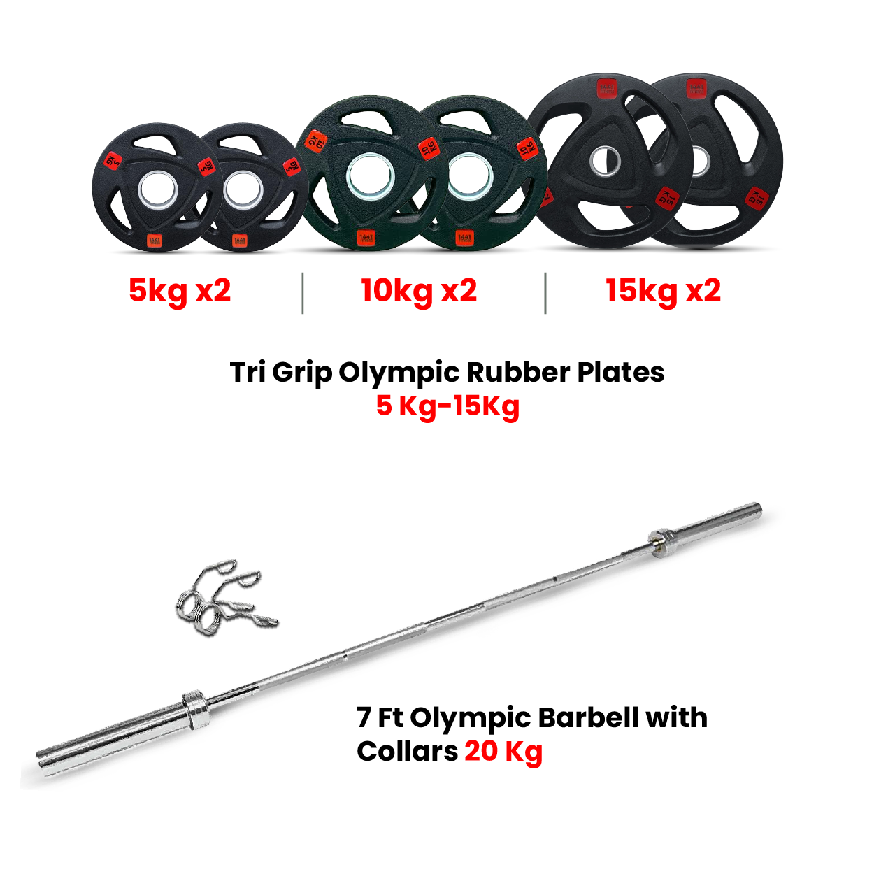 Tri Grip Plates with 7 Ft Olympic Bar - 80 Kg Set - Bundle Offer