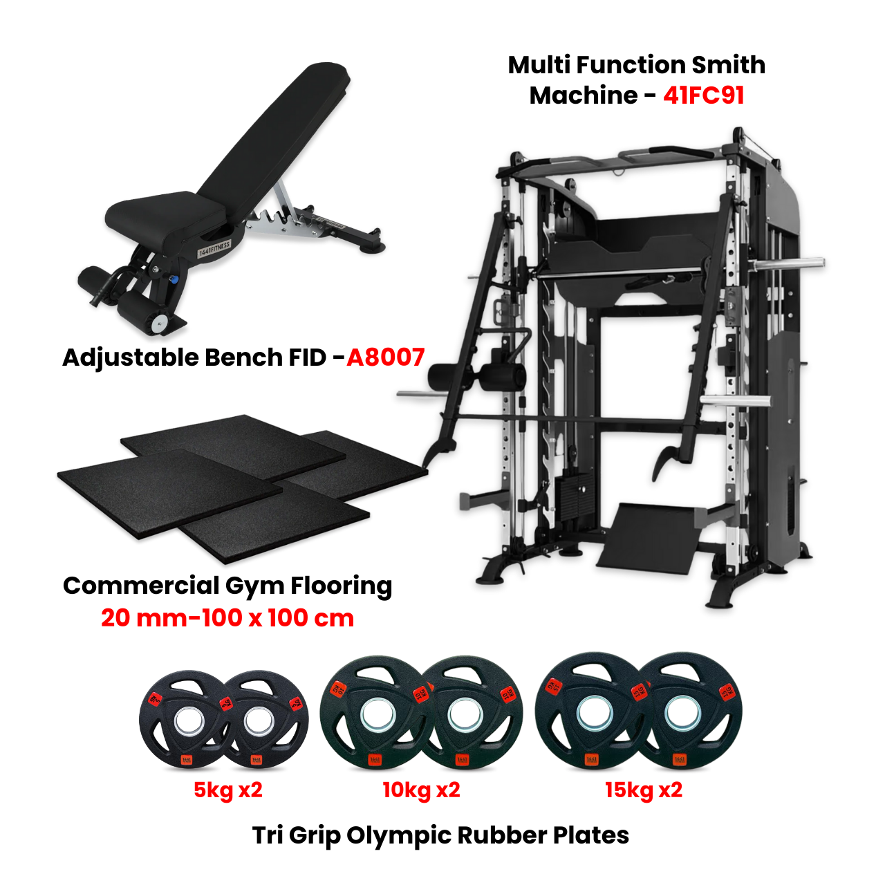 1441 Fitness Multi Function Smith Machine 41FC91 with Rubber Flooring, Tri Grip Plate with Bench A8007 - Bundle Offer