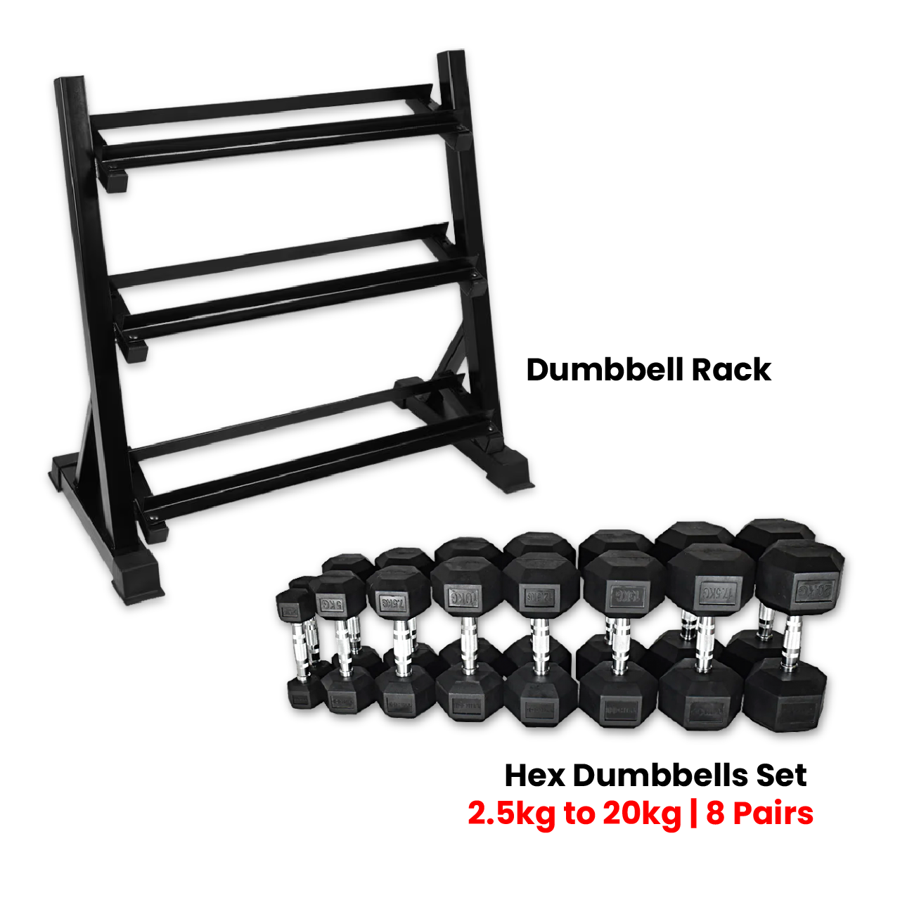 Hex Dumbbells Set 2.5 Kg to 20 Kg with 3 Tier Rack