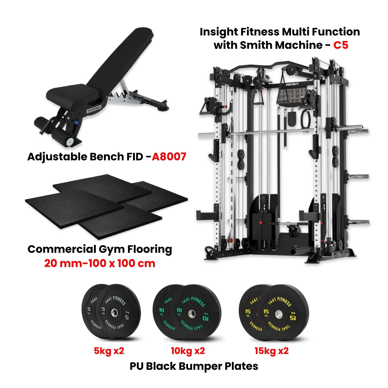 Insight Fitness Multi Function Smith Machine C5 with Rubber Flooring, PU Black Bumper Plates & A8007 Bench - Bundle Offer