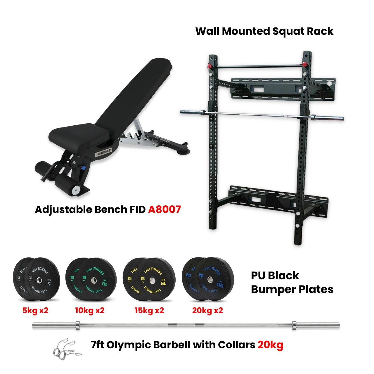 1441 Fitness Wall Mounted Squat Rack, Bumper Plate with Bench A8007 - Bundle Offer