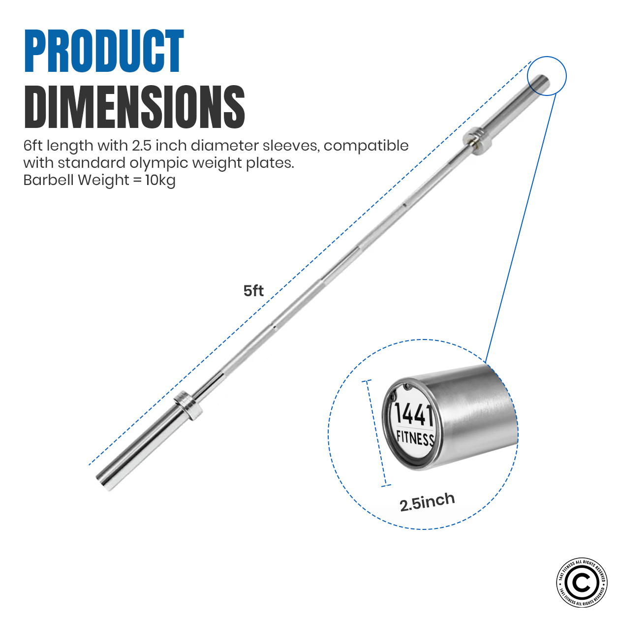 1441 Fitness 5 Ft Olympic Barbell with Collars - 10 Kg