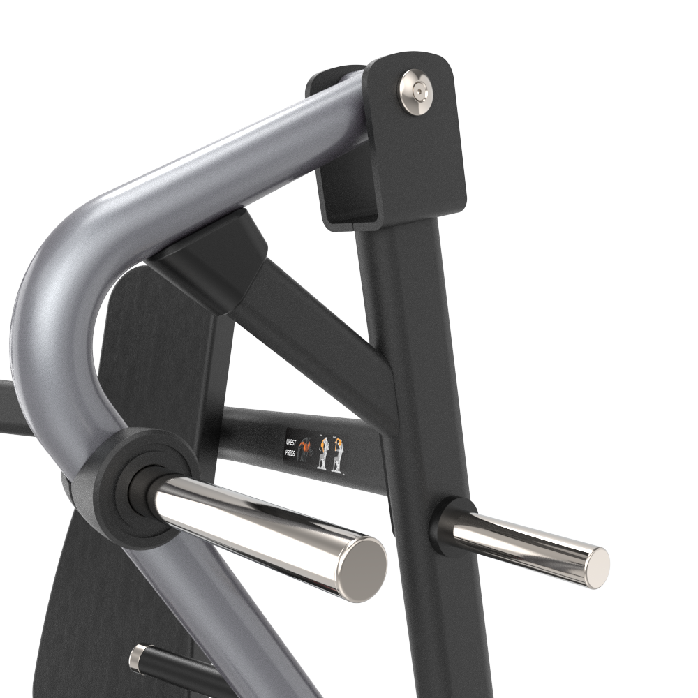 Close-up of a black and silver gym machine component on a white background