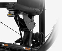 Close-up of a Insight Fitness ISO Lateral Chest Press - BE8001 with a seat and frame details on a white background