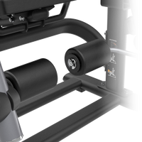 Close-up of a Insight Fitness Leg Extension - SH017 with black rollers and metal frame on a white background