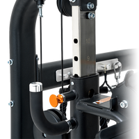 Close-up of Insight Fitness Multi Pulley Row - BE8005 with metallic components on a white background