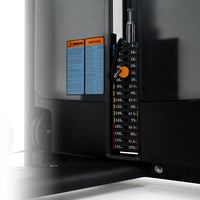 Close-up of a Insight Fitness Pectoral Fly & Rear Deltoid - BE8003 digital scale with measurement display and warning label.