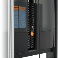 Insight Fitness Standing Multi Flight - BE8034 Electrical panel with numbered sockets and warning labels on a metallic surface.