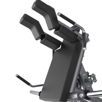 Close-up of a Insight Fitness V Squat - SH038 with metallic components on a white background