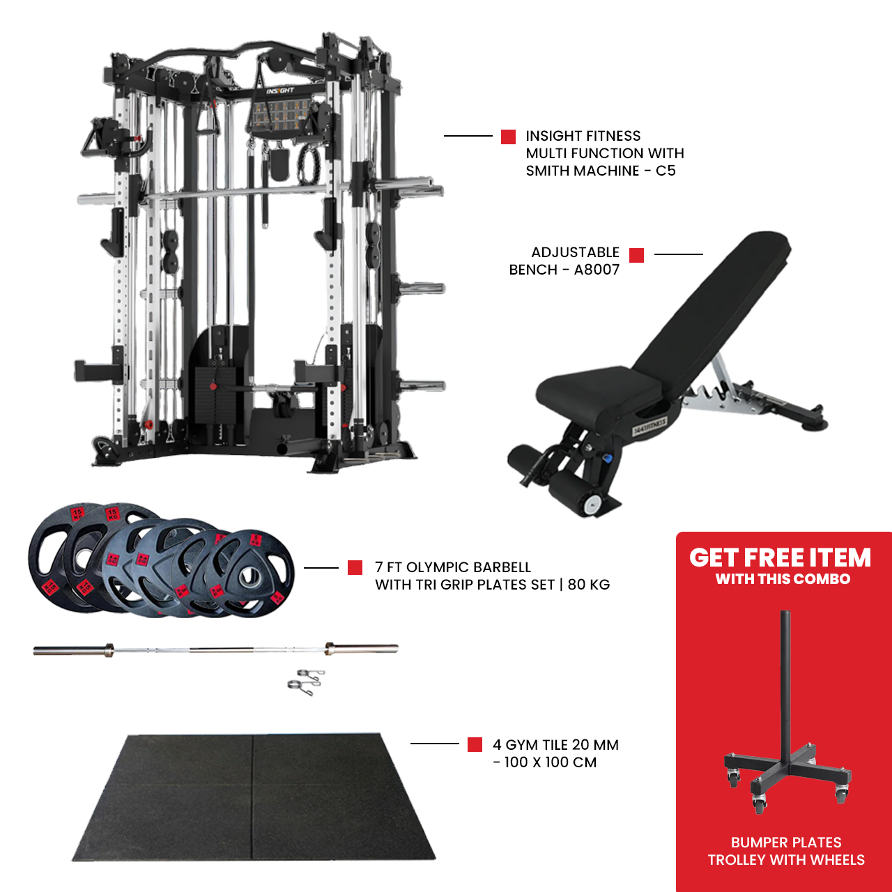 Heavy Duty Gym Tile 20 MM -100 x 100 CM Adjustable bench A8007 for home gym workout 7 Ft Olympic Barbell with Tri Grip Plates Set | 80 kg  Insight Fitness Multi Function with Smith Machine - C5