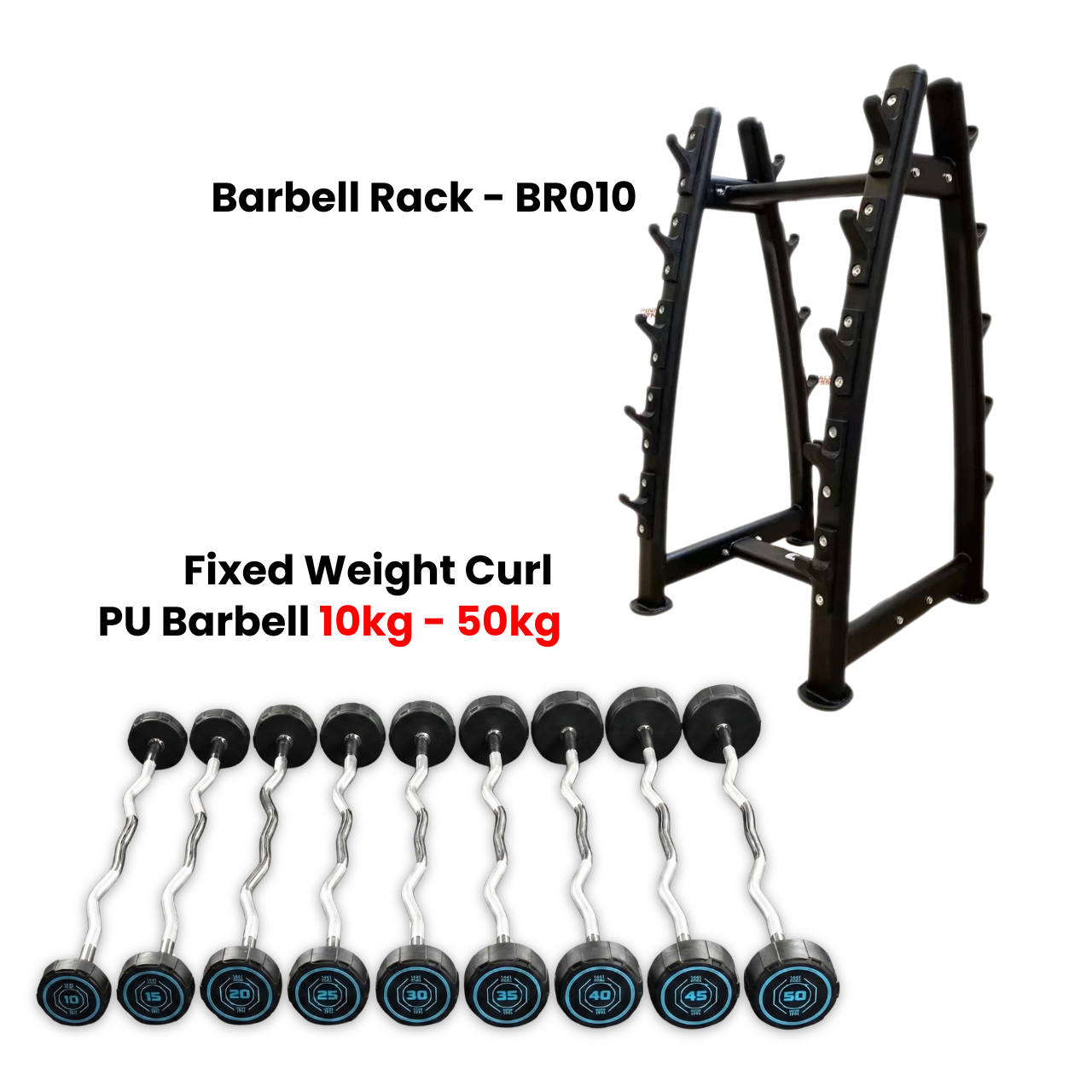 Fixed Weight Curl PU Barbell Set with Rack - 10 Kg to 50 Kg - Bundle Offer