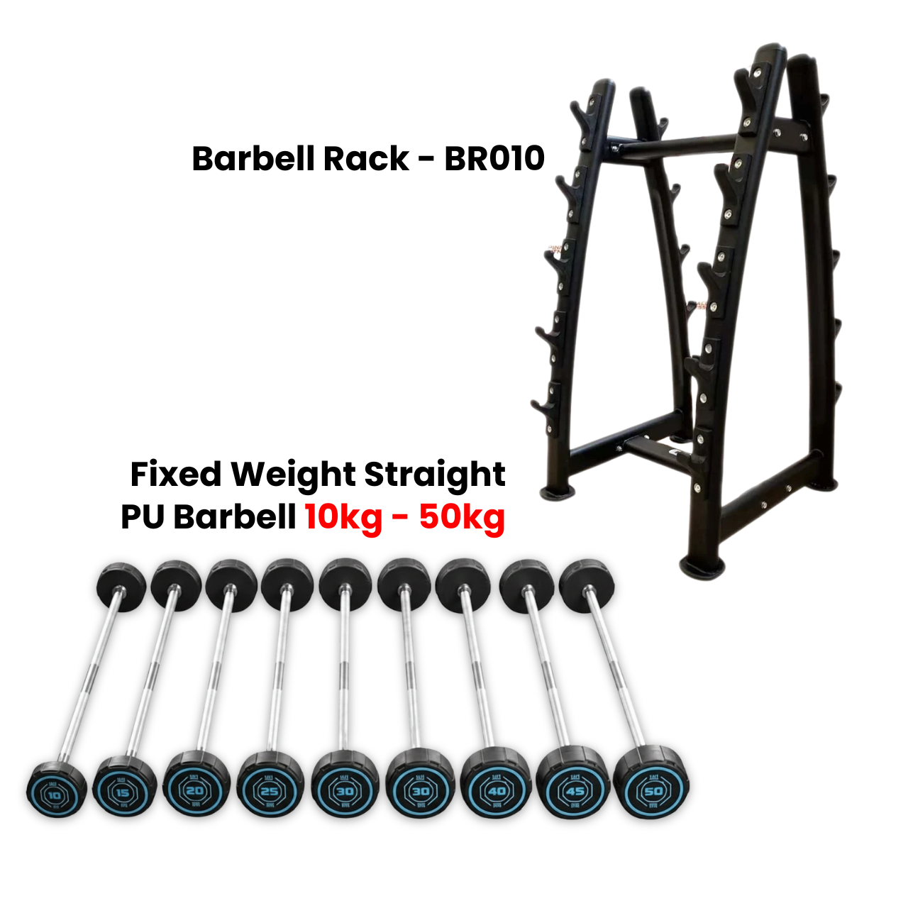 Fixed Straight PU Barbell Set with Rack - 10 Kg to 50 Kg - Bundle Offer