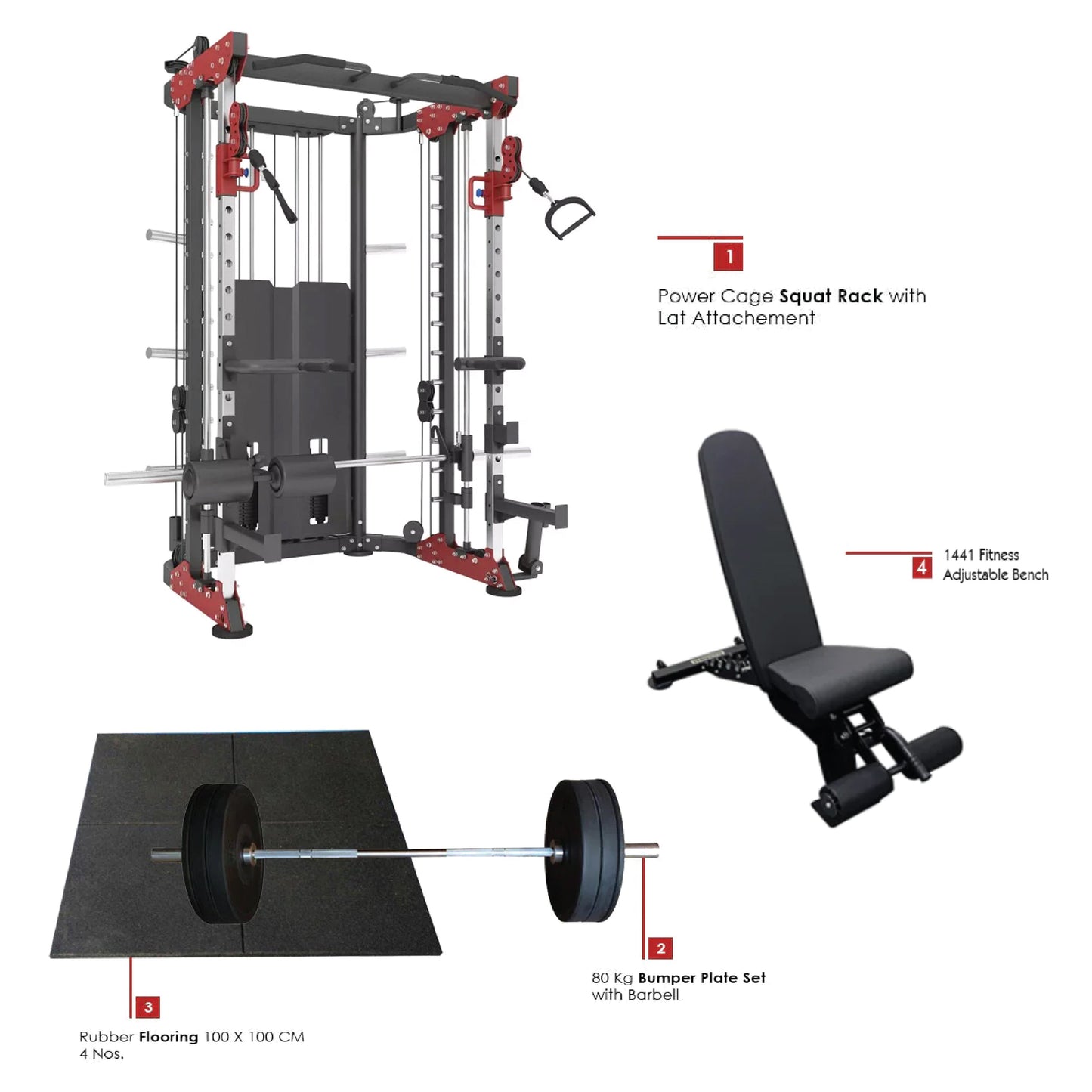 Combo Deal | 1441 Fitness Functional Trainer with Smith Machine - 41FC81 + 80kg Apus Bumper Plate Set + Adjustable Bench A8007 + 4 Gym Tile