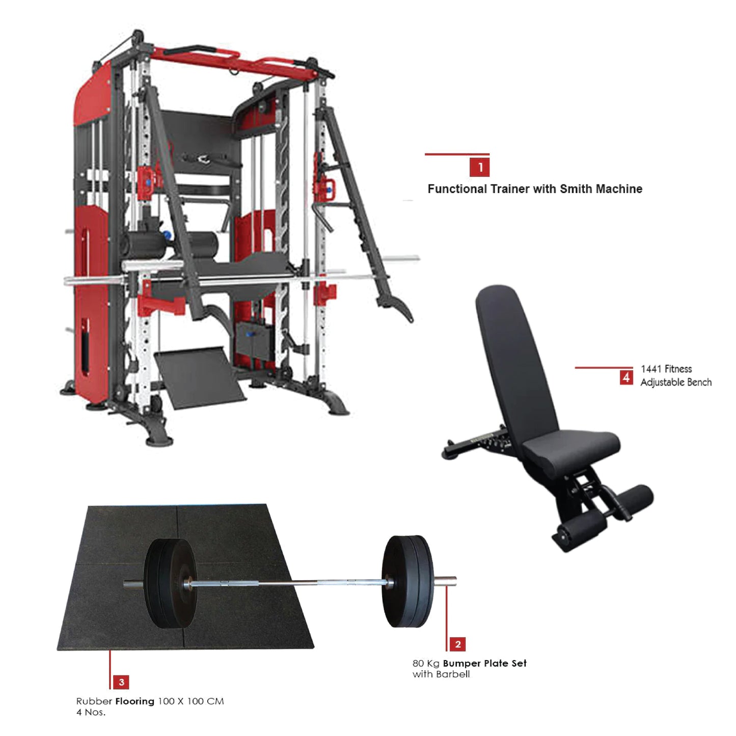 Combo Deal | 1441 Fitness Heavy Duty Functional Trainer with Smith Machine-41FC90 + 80kg Apus Bumper Plate Set + Adjustable Bench A8007 + 4 Gym Tile