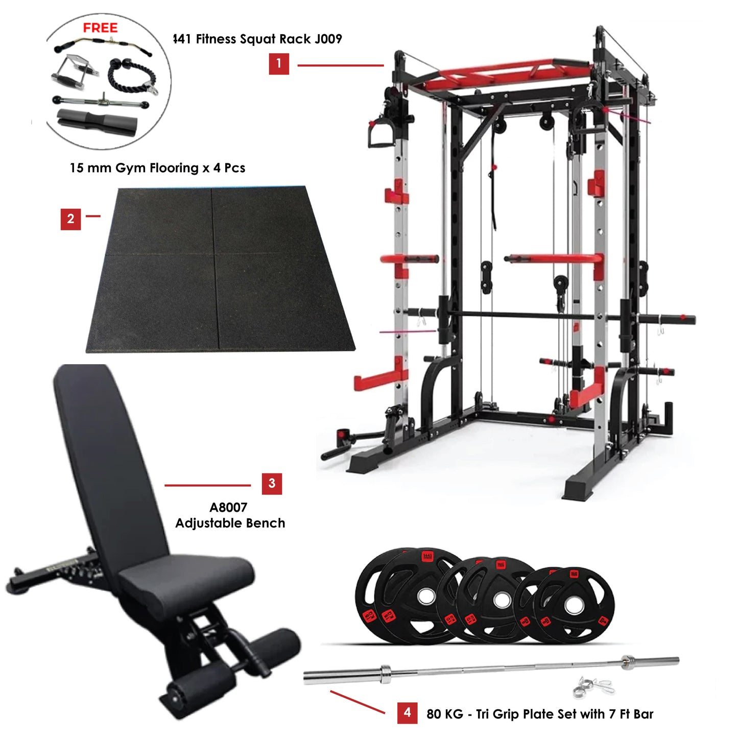 كومبو ديل - 1441 Fitness - جهاز سميث مع آلة تدريب J009 + مجموعة ألواح بقبضة ثلاثية 80 كجم + مقعد قابل للتعديل A8007 + أرضية تمارين